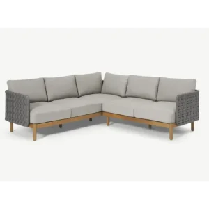 Elegant outdoor corner sofa in acacia wood and grey straps